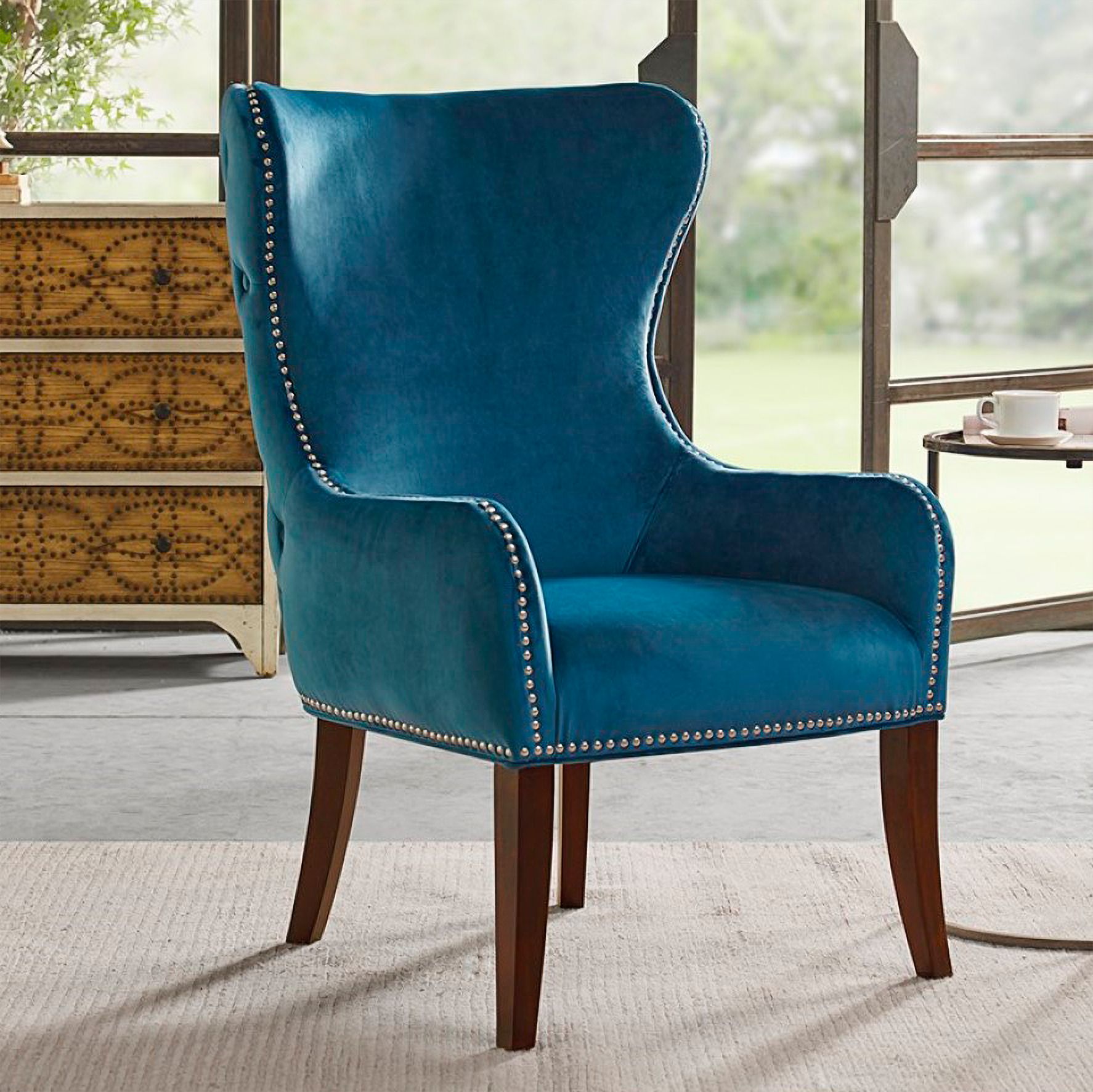 Irvine Blue Button Tufted Wingback Accent Chair 85V37 Lamps Plus