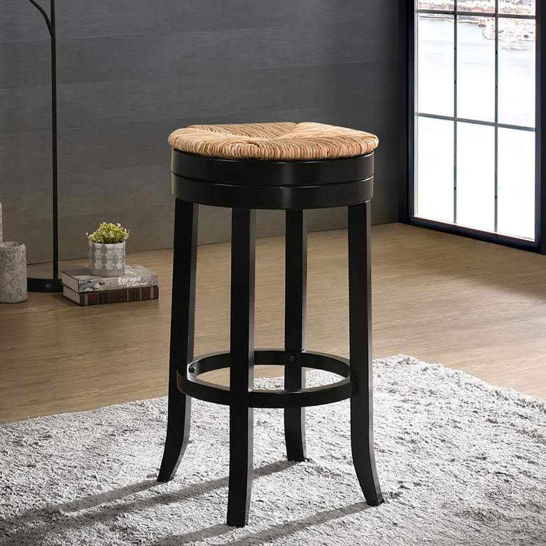 Image 1 Irving 30" Antique Black Wood and Rush Swivel Bar Stool