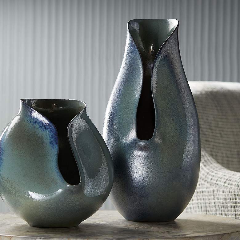 Image 1 Isaac Blue Waterfall Reactive Finish Modern Porcelain Vases Set of 2