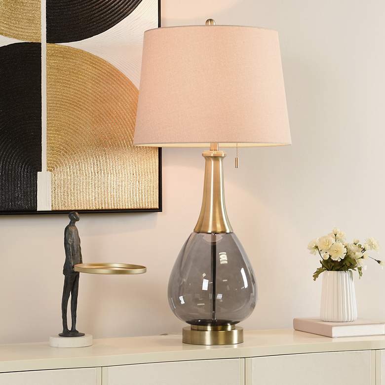 Image 7 Isaiah 37" High Smoke Glass Brass Metal Table Lamp w/ Dark Beige Shade more views