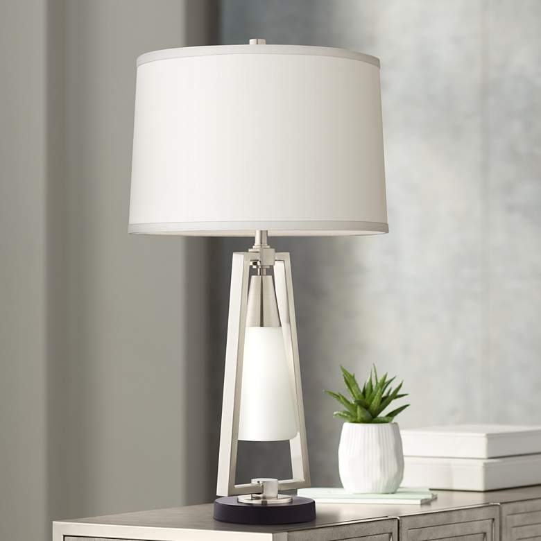 Image 1 Iso Metal and Glass Lantern Table Lamp with Night Light