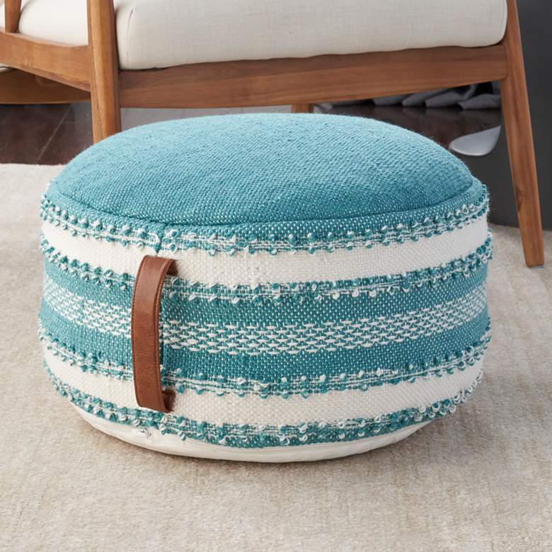 Image 1 Itzel Turquoise White Stripes Indoor/Outdoor Pouf Ottoman
