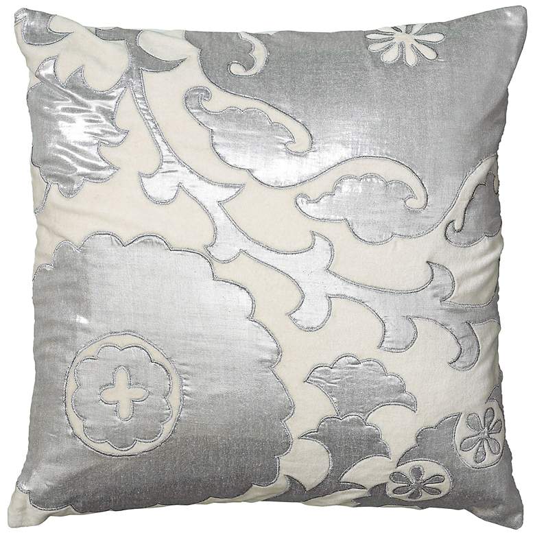 Image 1 Ivory and Silver Embroidered 20 inch Square Throw Pillow