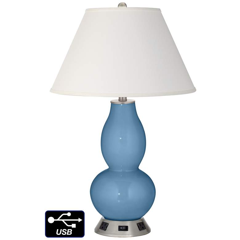 Image 1 Ivory Empire Gourd Table Lamp - 2 Outlets and USB in Secure Blue
