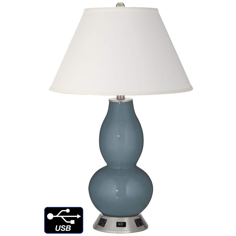 Image 1 Ivory Empire Gourd Table Lamp - 2 Outlets and USB in Smoky Blue