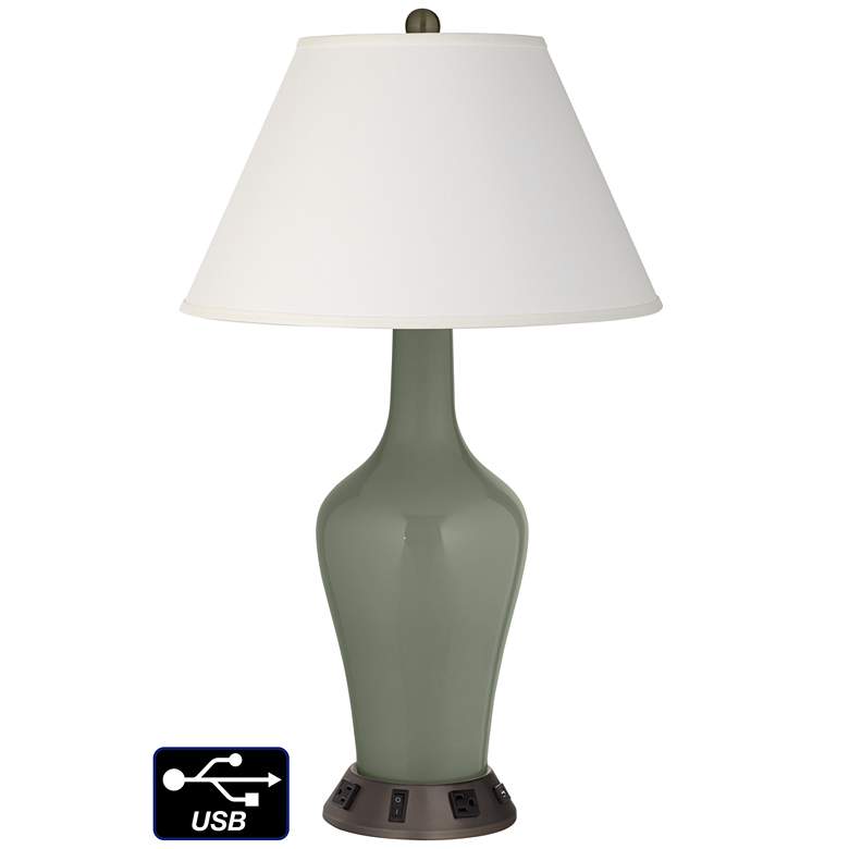 Image 1 Ivory Empire Jug Lamp - 2 Outlets and USB in Deep Lichen Green