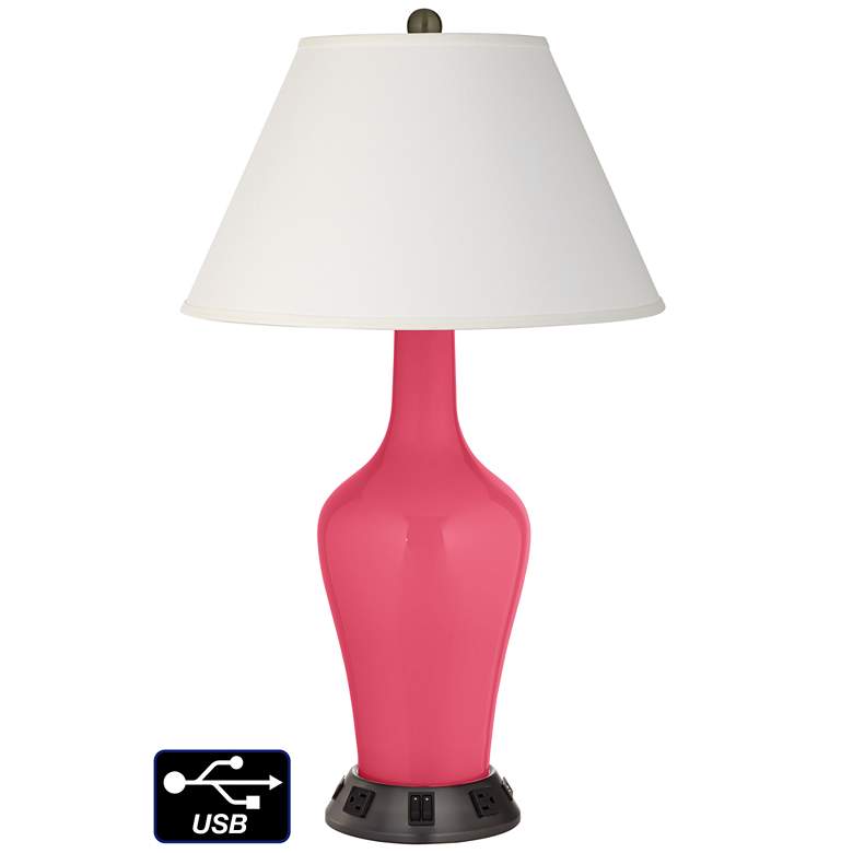 Image 1 Ivory Empire Jug Table Lamp - 2 Outlets and 2 USBs in Eros Pink