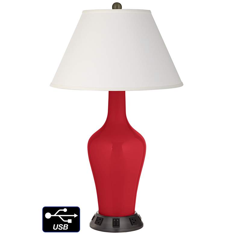 Image 1 Ivory Empire Jug Table Lamp - 2 Outlets and 2 USBs in Ribbon Red