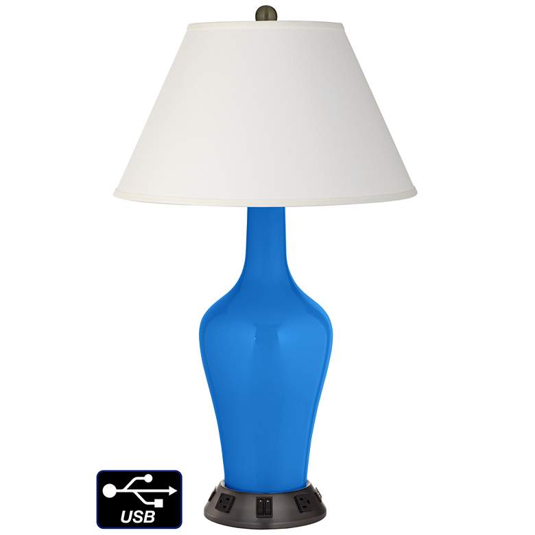 Image 1 Ivory Empire Jug Table Lamp - 2 Outlets and 2 USBs in Royal Blue