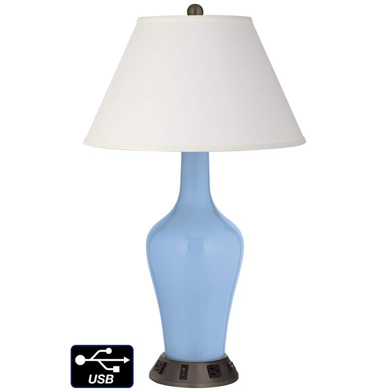Image 1 Ivory Empire Jug Table Lamp - 2 Outlets and USB in Placid Blue