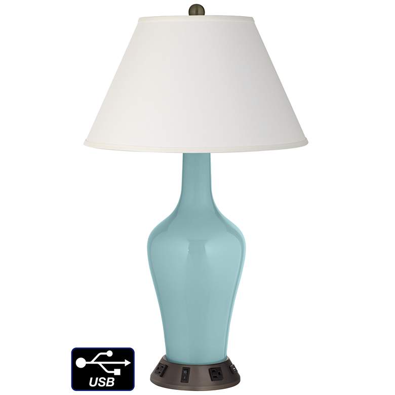 Image 1 Ivory Empire Jug Table Lamp - 2 Outlets and USB in Raindrop
