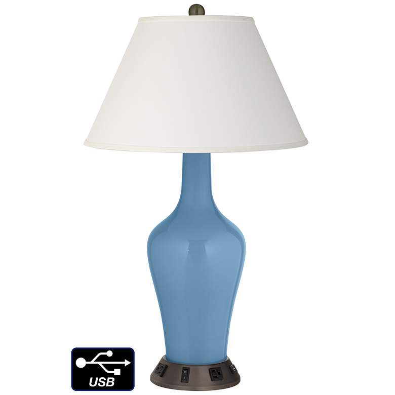 Image 1 Ivory Empire Jug Table Lamp - 2 Outlets and USB in Secure Blue