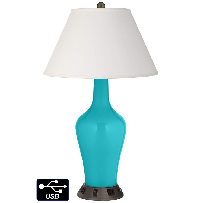 Image 1 Ivory Empire Jug Table Lamp - 2 Outlets and USB in Surfer Blue