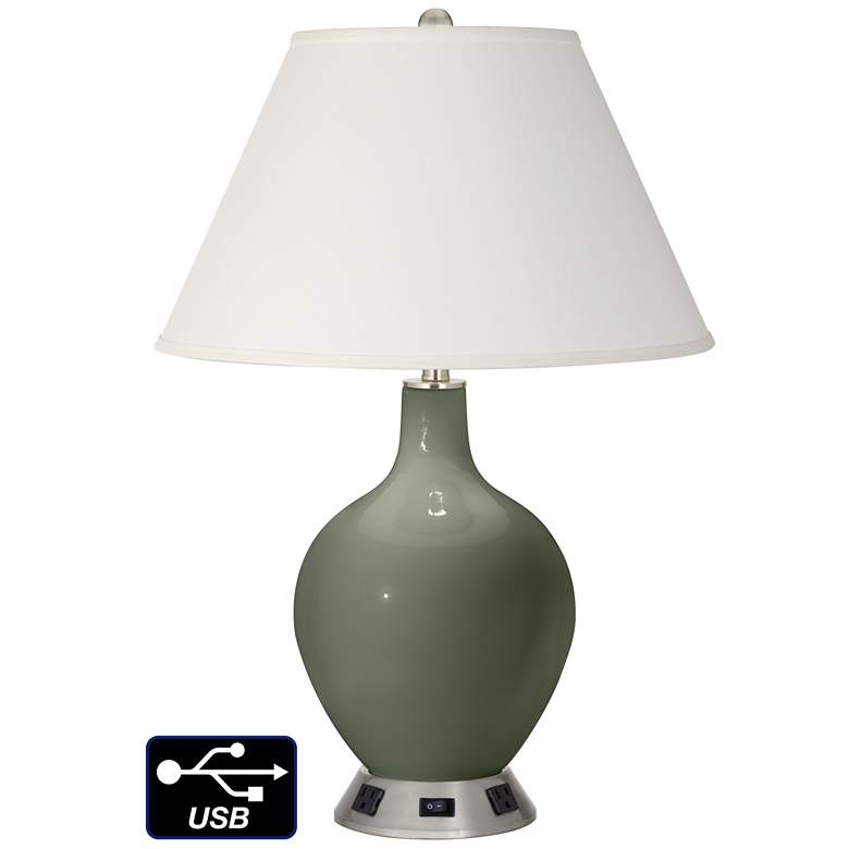 Image 1 Ivory Empire Table Lamp - 2 Outlets and USB in Deep Lichen Green