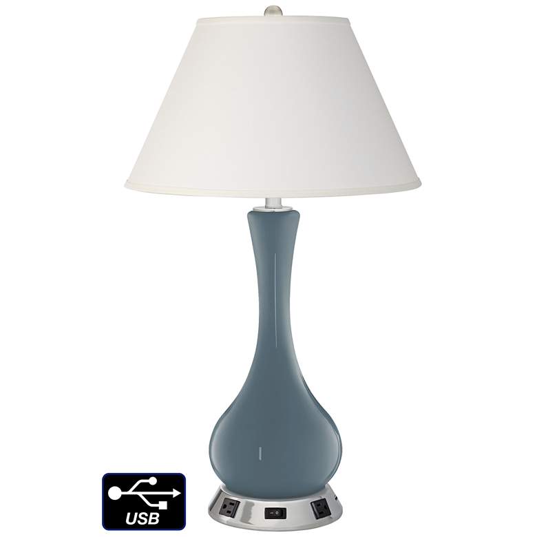 Image 1 Ivory Empire Vase Table Lamp - 2 Outlets and USB in Smoky Blue