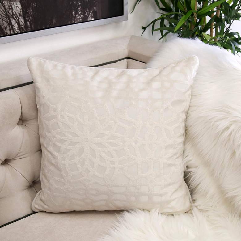Ivory Geometric Velvet 20&quot; Square Decorative Pillow
