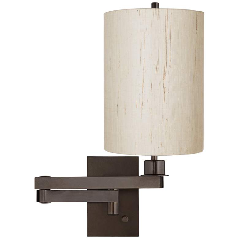 Image 1 Ivory Linen Drum Cylinder Shade Bronze Swing Arm Wall Lamp