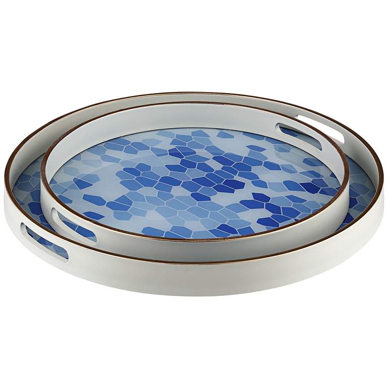 Image 1 Izabel Blue and White Patterned Round Tray - Set of 2