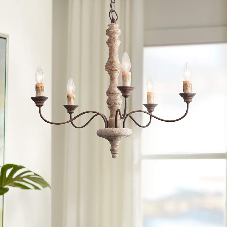 Image 1 Izuell 23 1/4 inch Wide Off-White Wood 5-Light Candle Chandelier