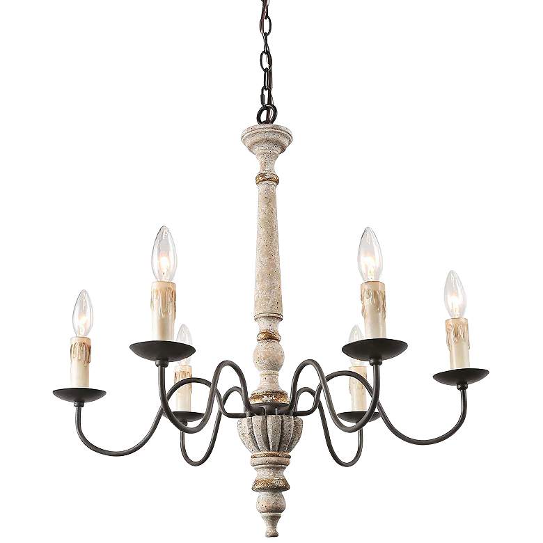 Image 2 Izuell 25 inch Wide Off-White 6-Light Hand-Carved Wood Candle Chandelier