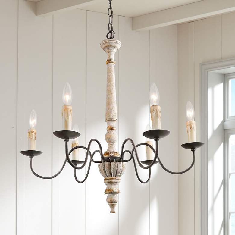 Izuell 25&quot; Wide Off-White 6-Light Hand-Carved Wood Candle Chandelier