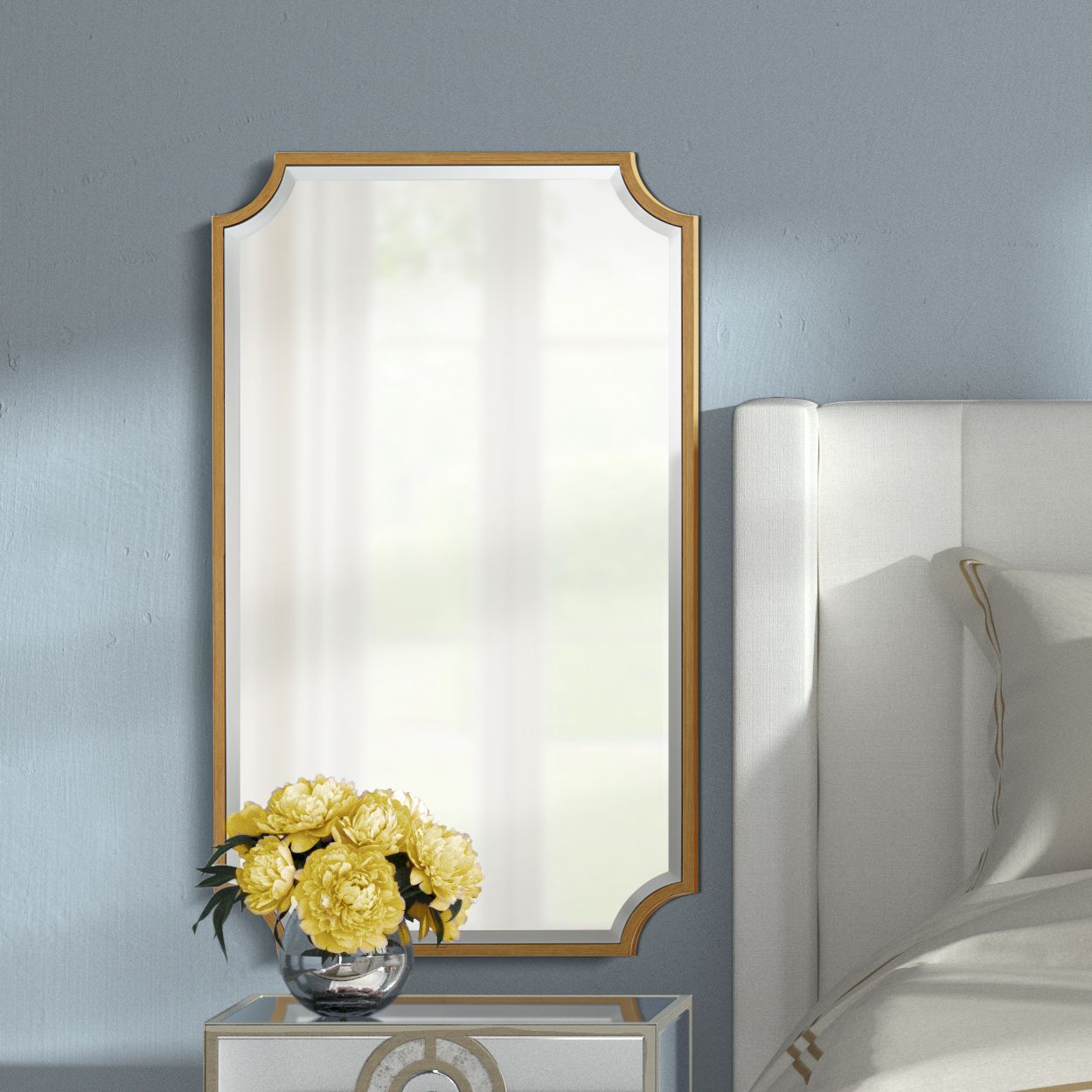 Jacinda 24" x 40" Gold Rounded Cut Edge Wall Mirror Set of 2 in scene
