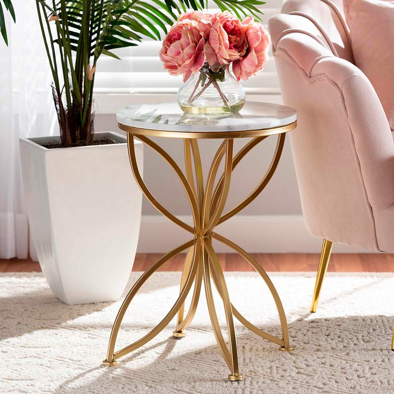 Image 1 Jaclyn 15 1/2 inch Wide White Marble Gold Metal Round End Table