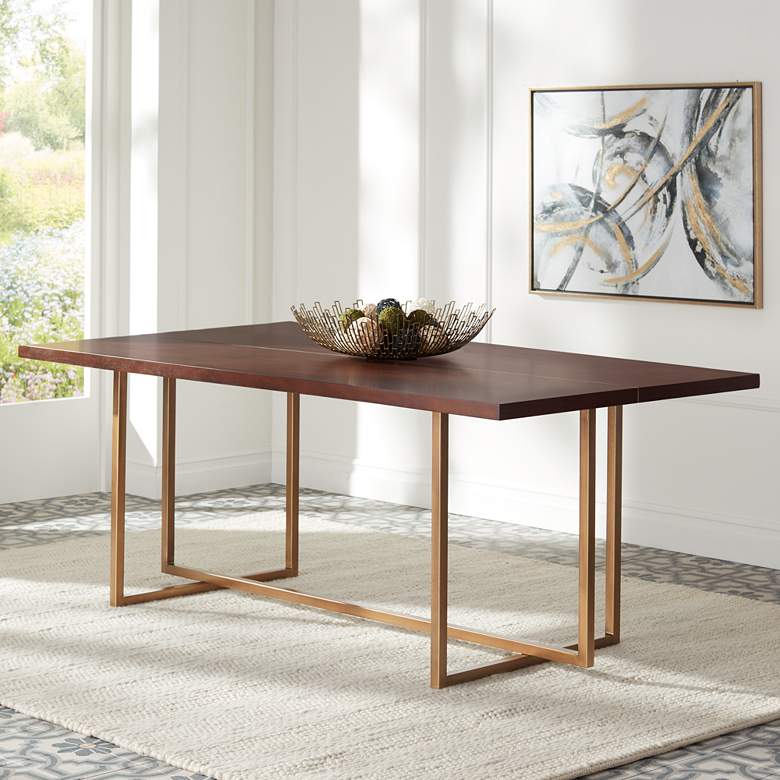 Image 2 Jade 79" Wide Gold Metal and Dark Brown Modern Dining Table