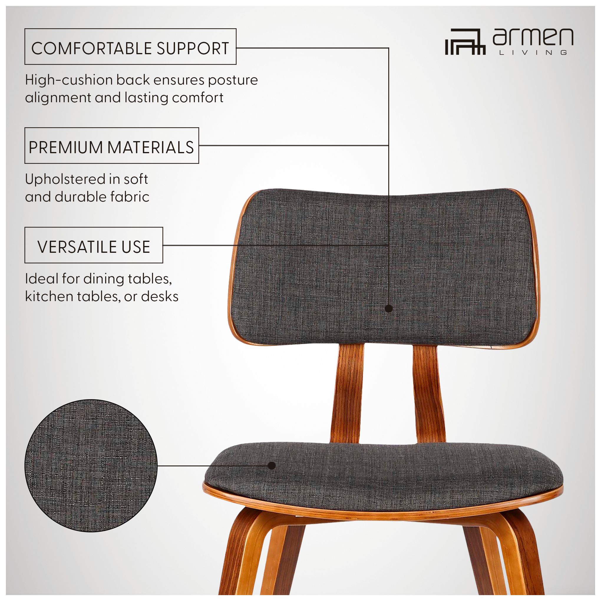 Jaguar Charcoal Fabric and Walnut Wood Dining Chair