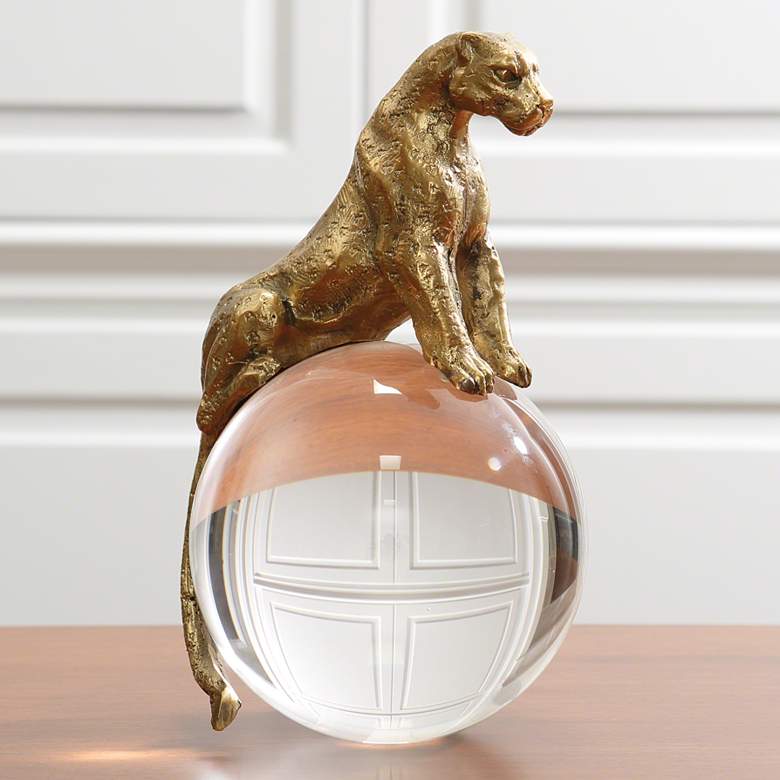 Image 1 Jaguar On Crystal Ball 9 3/4" High Gold Animal Sculpture