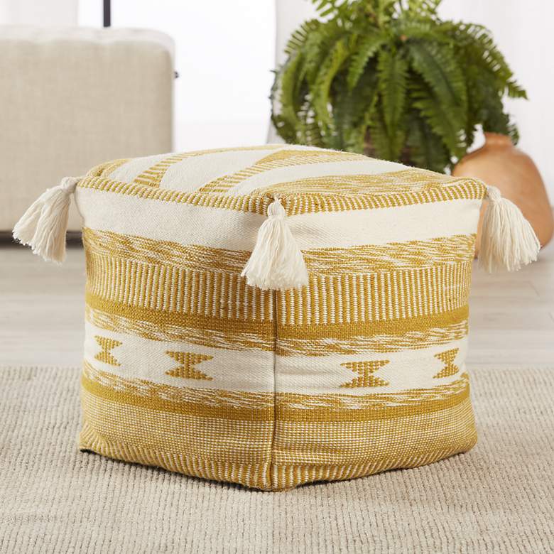 Image 1 Jaipur Tedik Gold and White Tribal Cube Pouf Ottoman