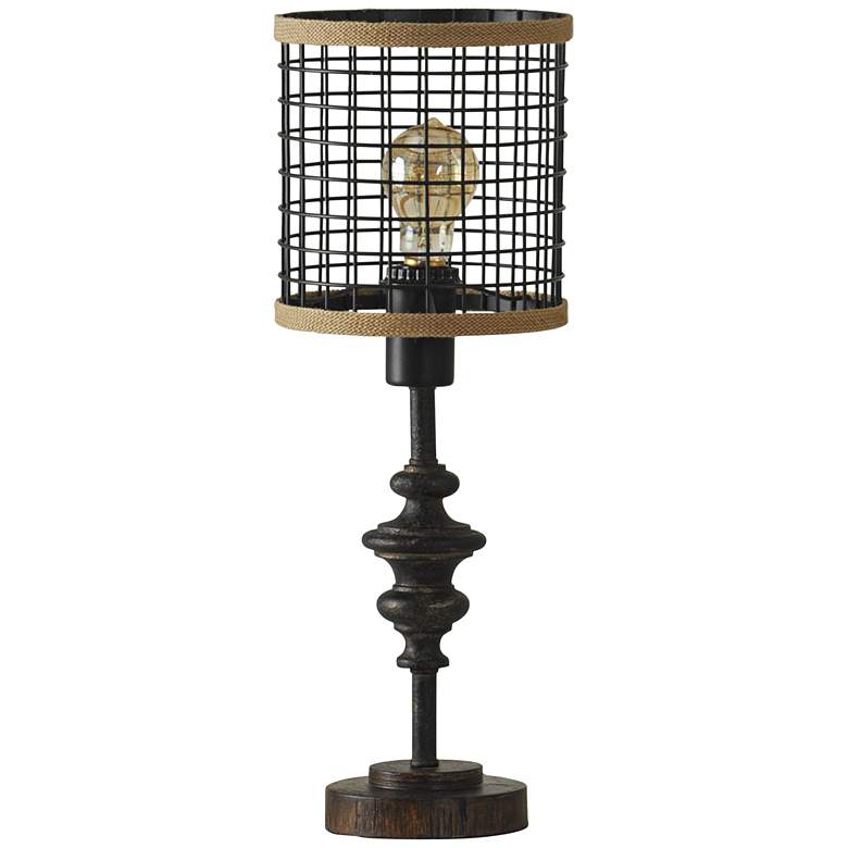 Image 2 Jalome Vintage 20"H Black Metal and Burlap Cage Table Lamp