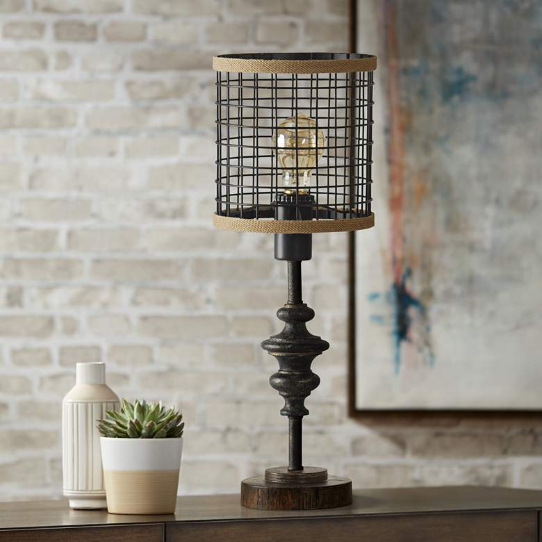 Image 1 Jalome Vintage 20"H Black Metal and Burlap Cage Table Lamp