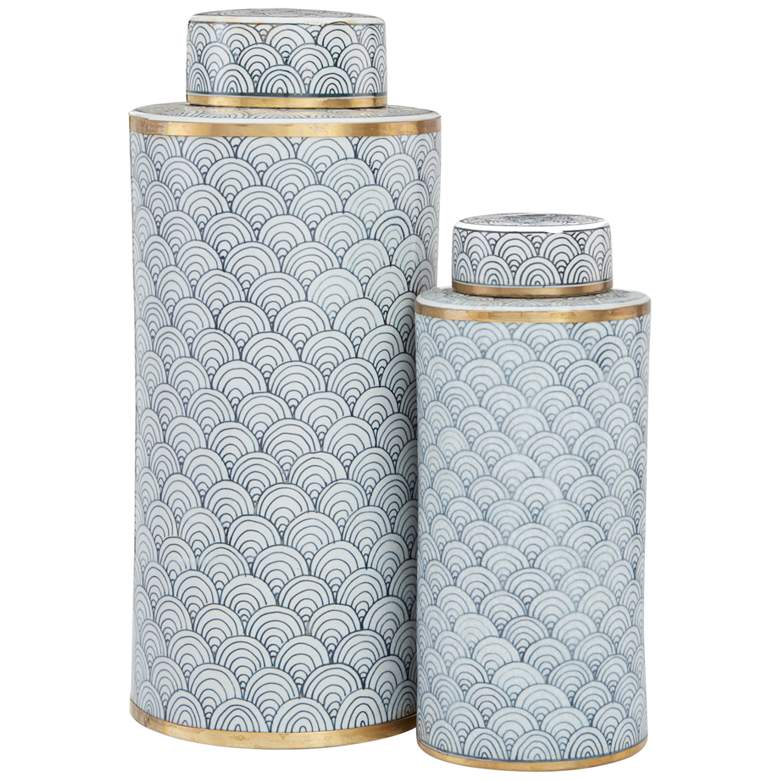 Jalousie Navy Blue and Ivory Ceramic Tea Canisters Set of 2