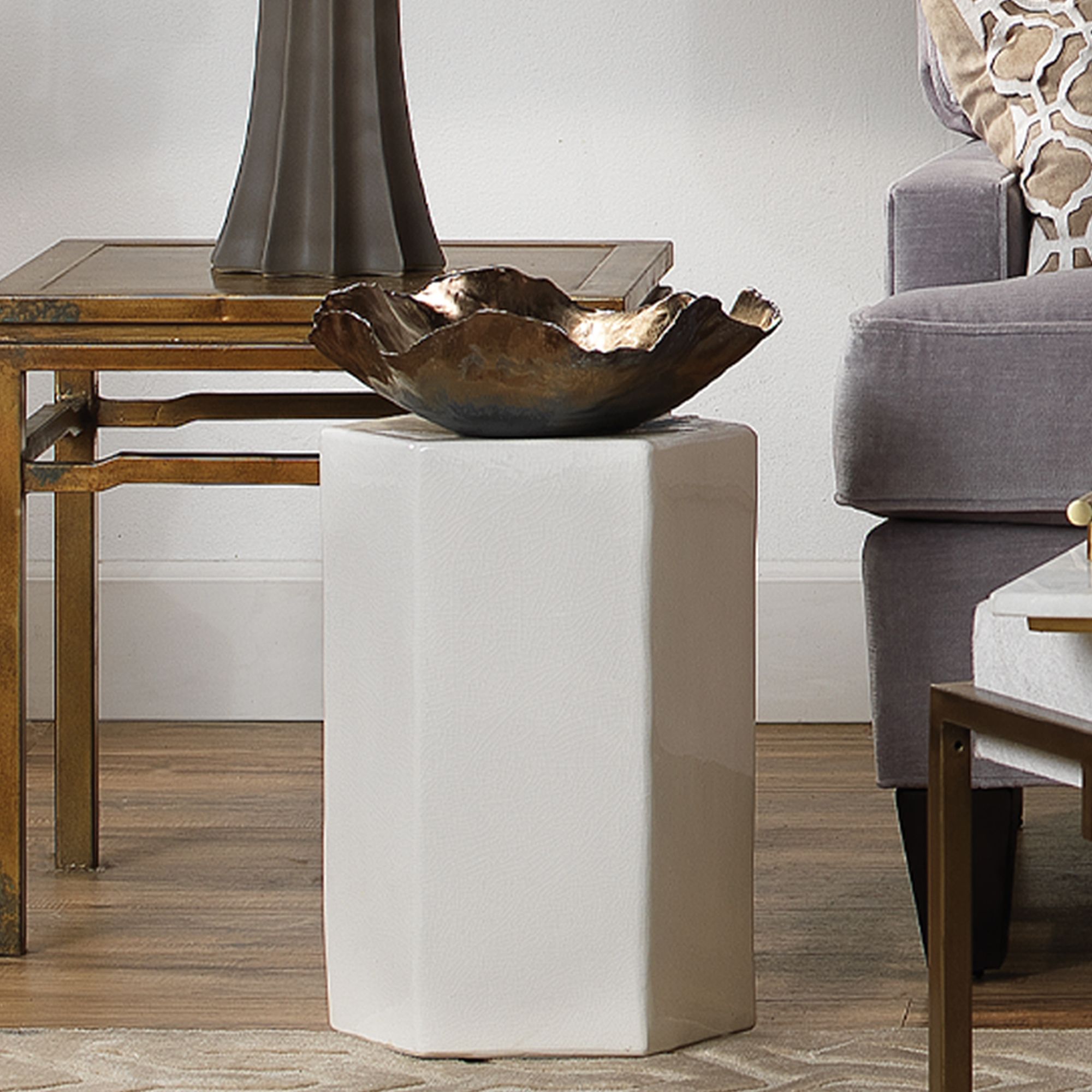 Image 2 Jamie Young 13" Wide Peony Antique Gold Ceramic Bowl more views