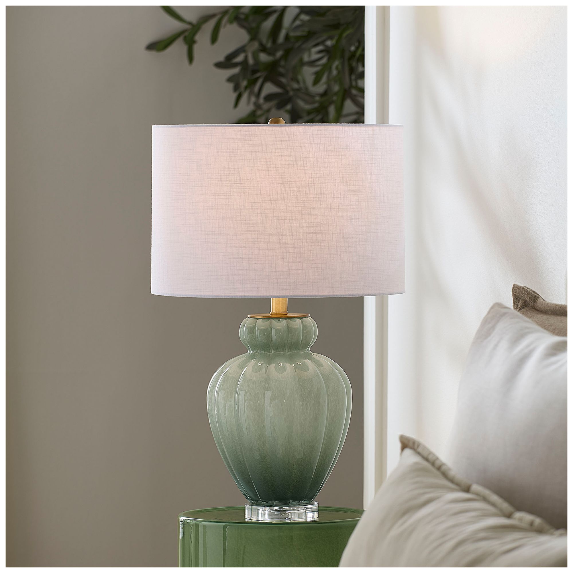 Jamie Young Agnes Blown Glass Table Lamp with Linen Shade, Celadon