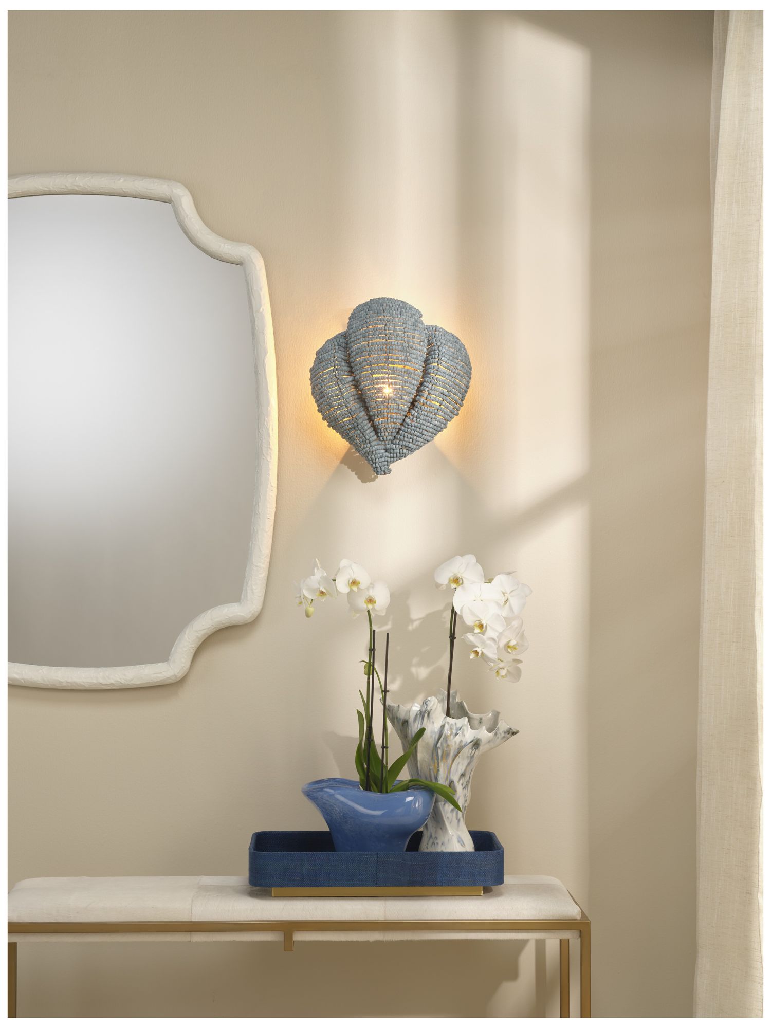 Jamie Young Anguilla1-Light Wood Beaded Wall Sconce 16.5" in Blue