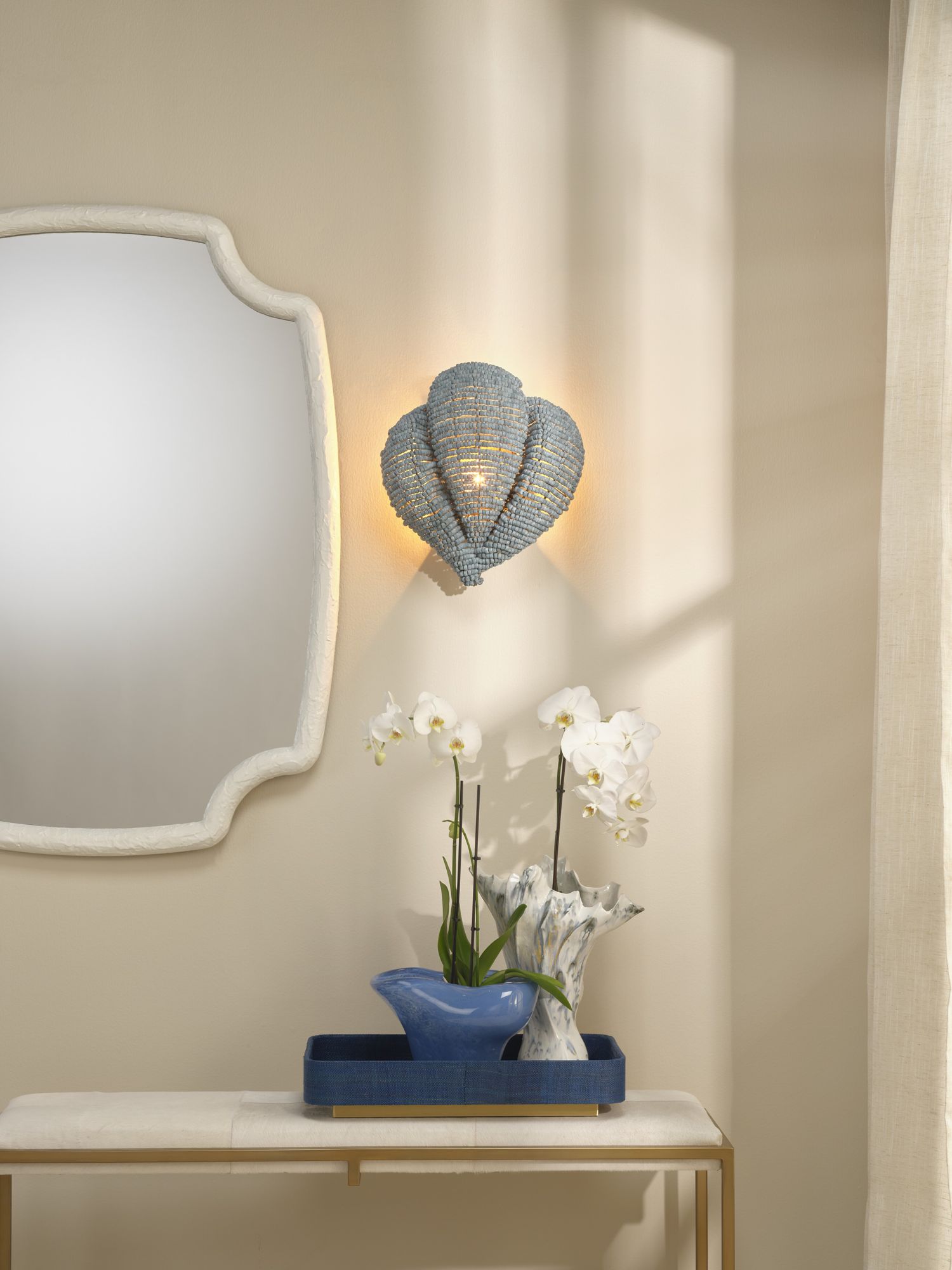 Jamie Young Anguilla1-Light Wood Beaded Wall Sconce 16.5" in Blue
