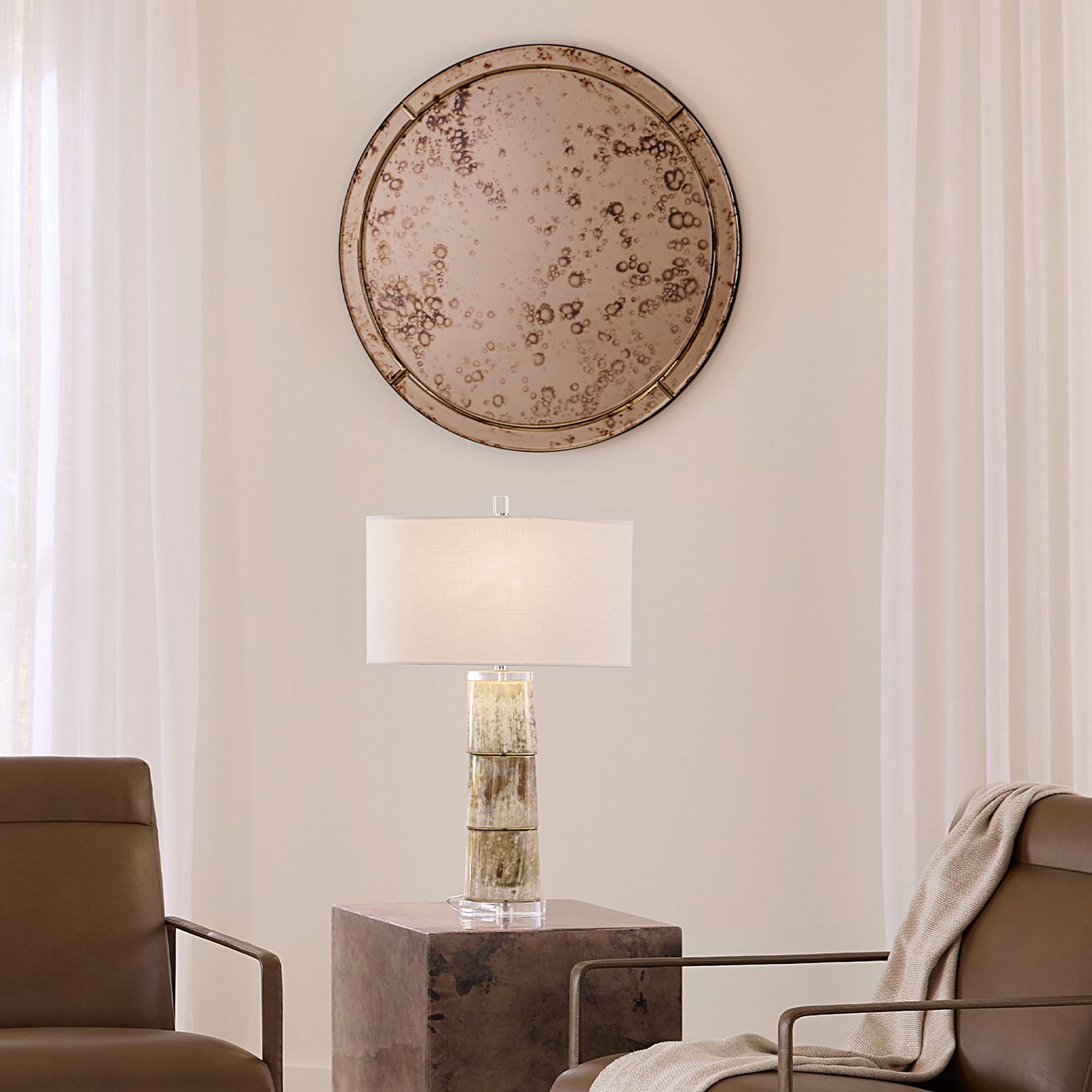 Image 5 Jamie Young Chambord Antiqued Glass Round Wall Mirror 32" in Antique Brass more views