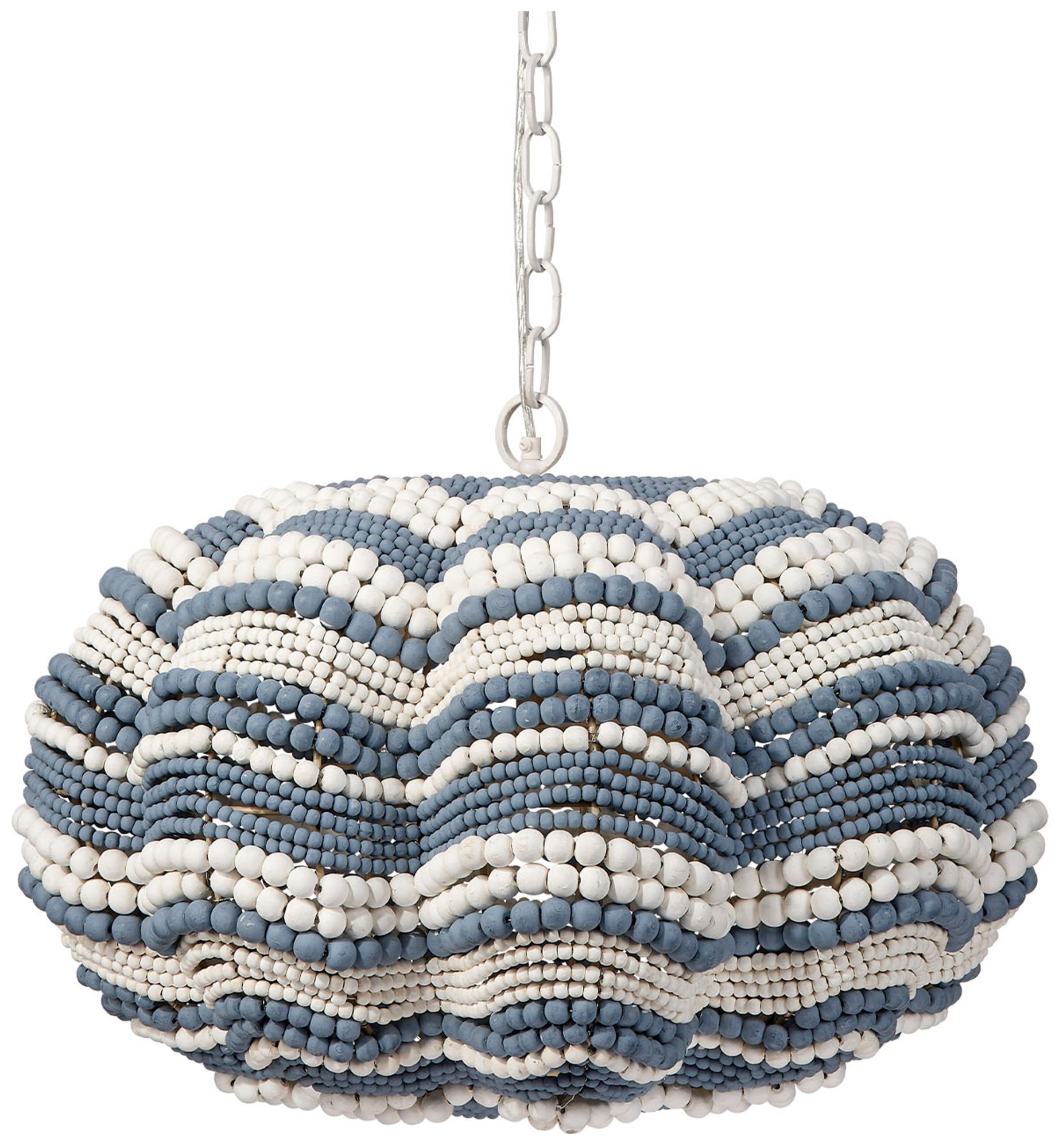 Image 2 Jamie Young Clamshell Blue & White Wood Beaded 3-Light Chandelier Small