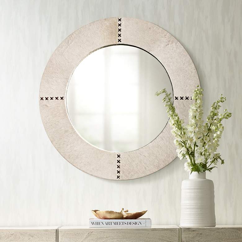 Image 1 Jamie Young Cross Stitch White Hide 36 inch Round Wall Mirror