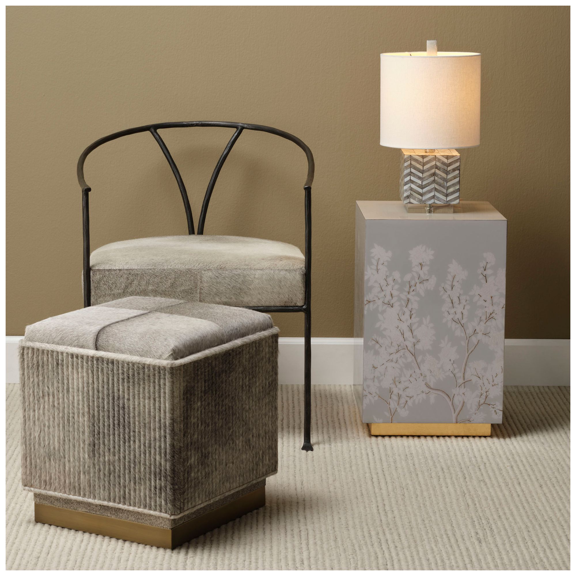 Image 2 Jamie Young Easton Ribbed Hide Ottoman with Antique Brass Metal Base more views