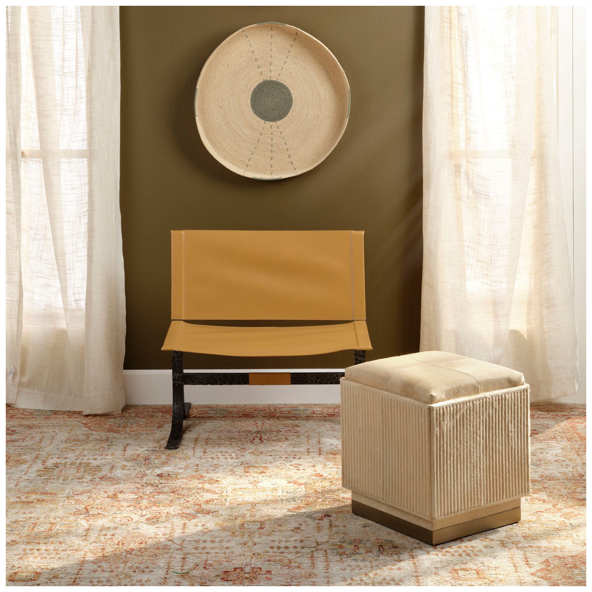 Image 2 Jamie Young Easton Ribbed Hide Ottoman with Antique Brass Metal Base more views