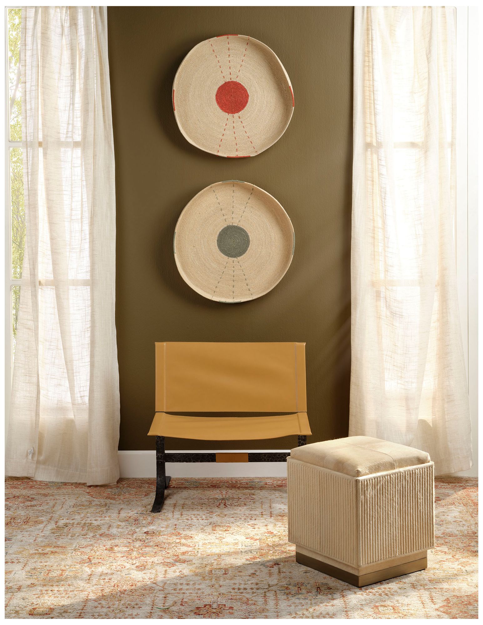 Image 5 Jamie Young Easton Ribbed Hide Ottoman with Antique Brass Metal Base more views