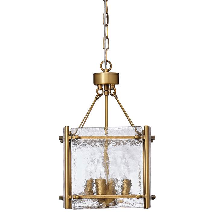 Small Vintage Chandelier, Colored Glass And Brass Lamp