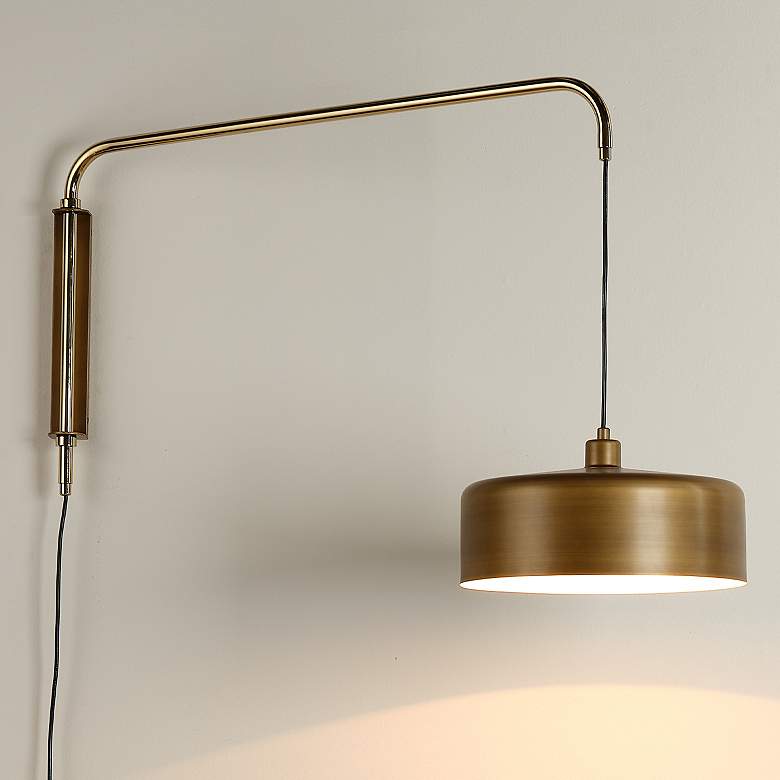Image 1 Jamie Young Jeno Satin Brass Metal Large Plug-In Swing Arm Wall Lamp