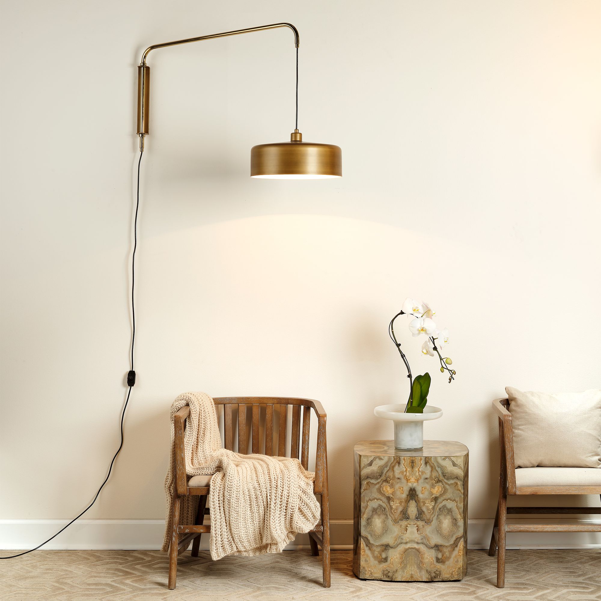 Jamie Young Jeno Satin Brass Metal Small Plug-In Swing Arm Wall Lamp in scene