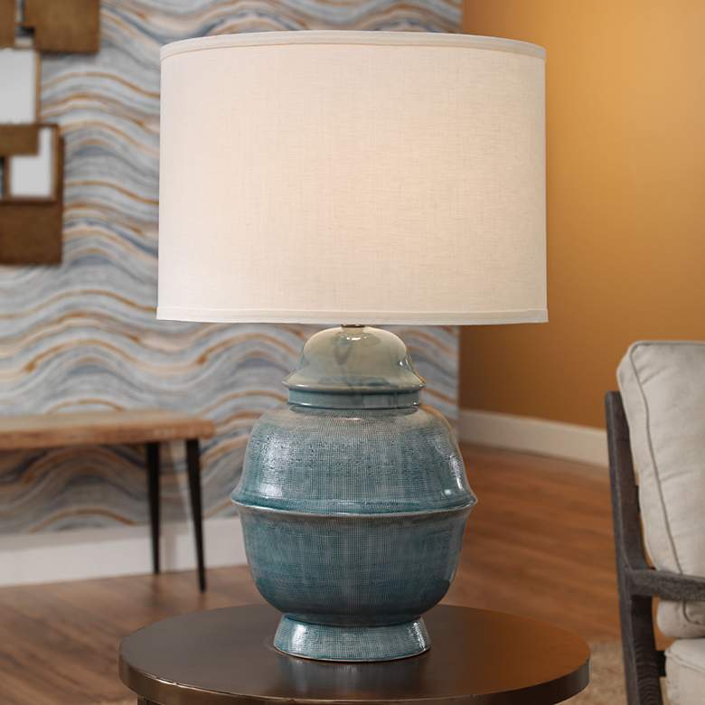 Image 1 Jamie Young Kaya Blue Ceramic Table Lamp with Linen Shade