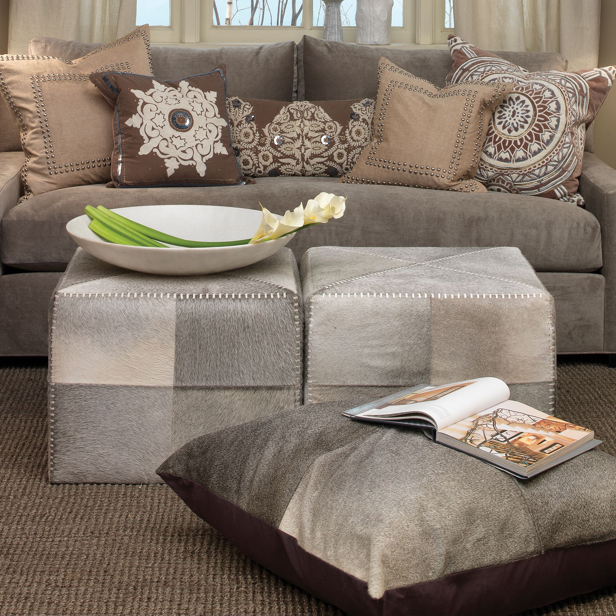 Jamie Young Large Square Gray Hide Leather Ottoman