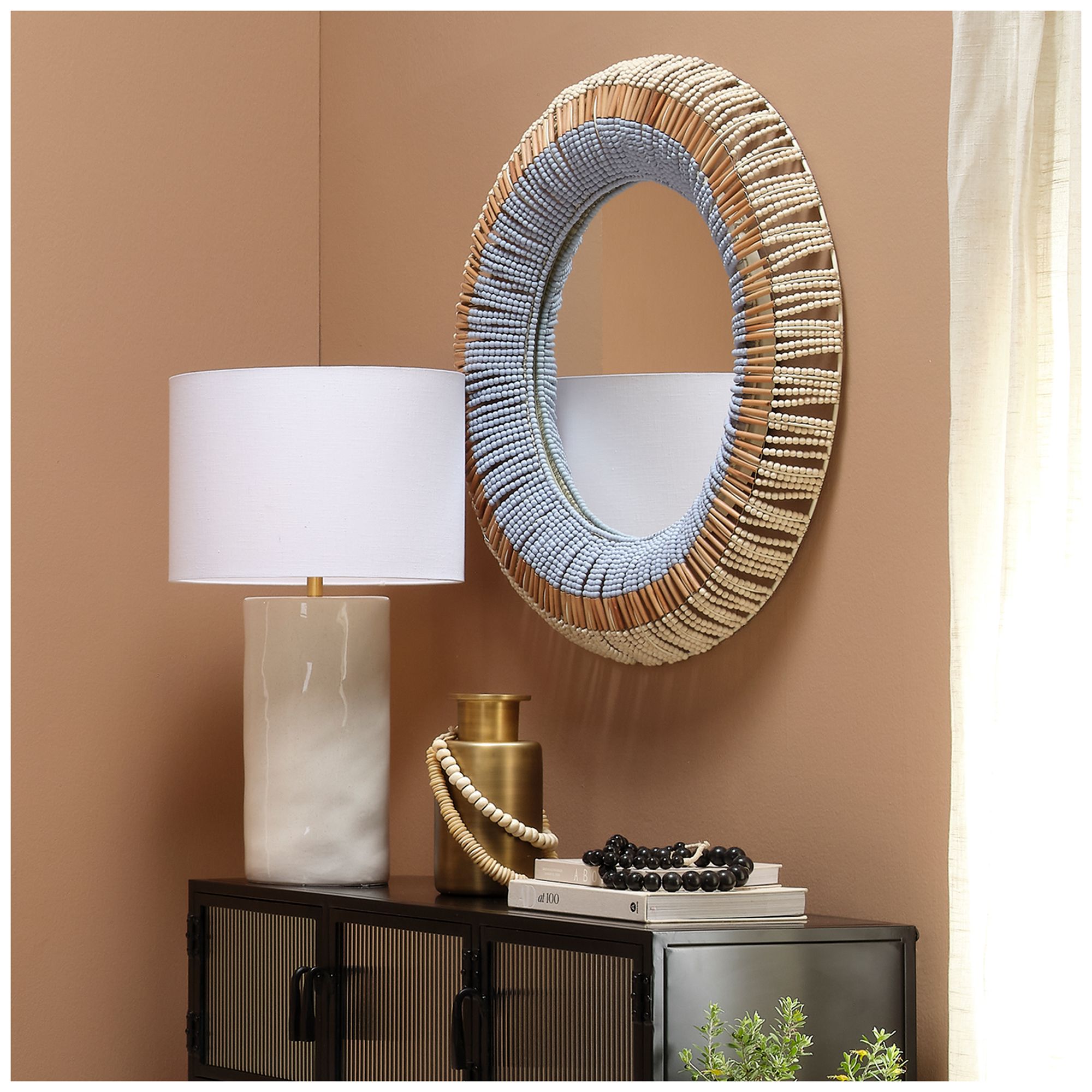 Image 2 Jamie Young Native Beaded 36" Round Wall Mirror in Natural and Blue more views
